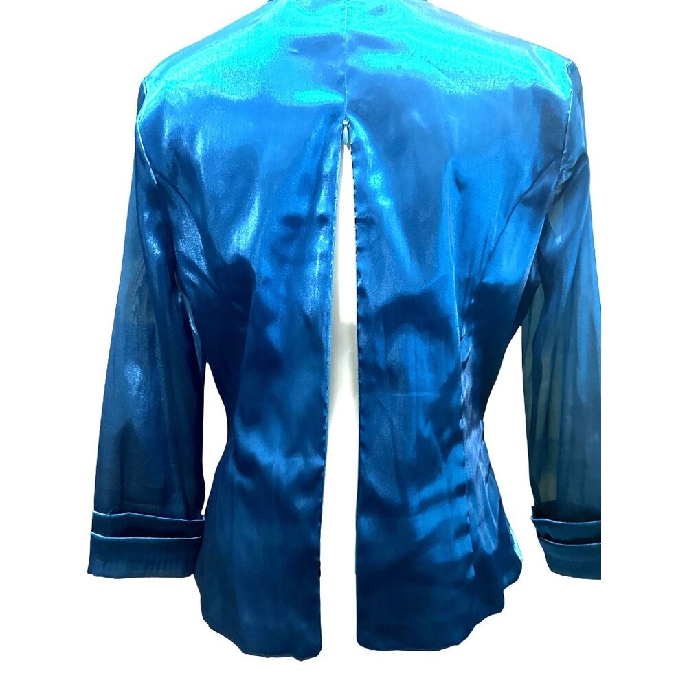 Jackie Jon New York Size 6 Teal Satin Wrap Tie Waist Top Back Zipper Luxe Shine - Picture 8 of 12